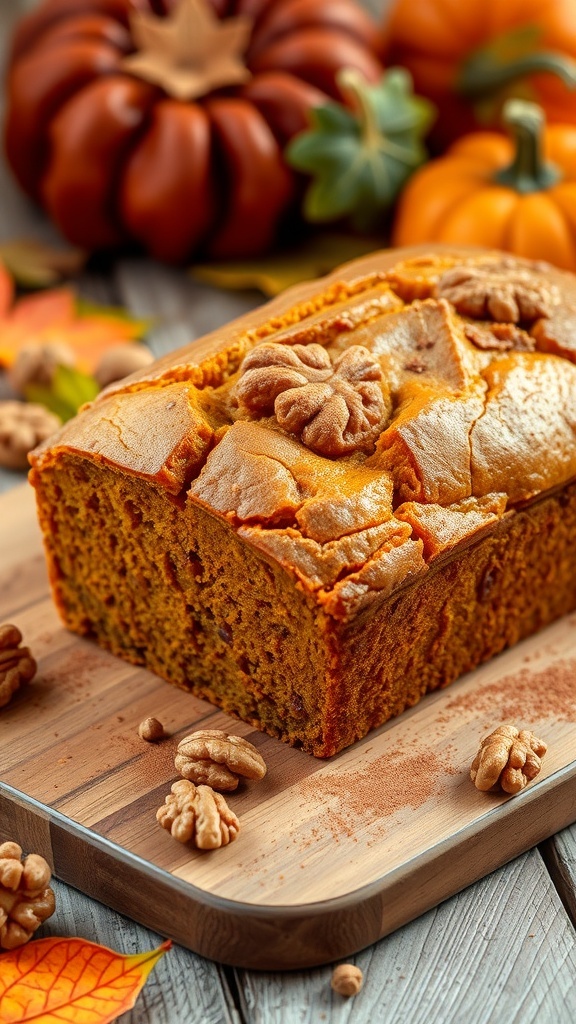 Easy Pumpkin Bread Recipe for Bread Maker A golden-brown loaf of pumpkin bread on a wooden board, garnished with cinnamon and walnuts, with autumn decor in the background.